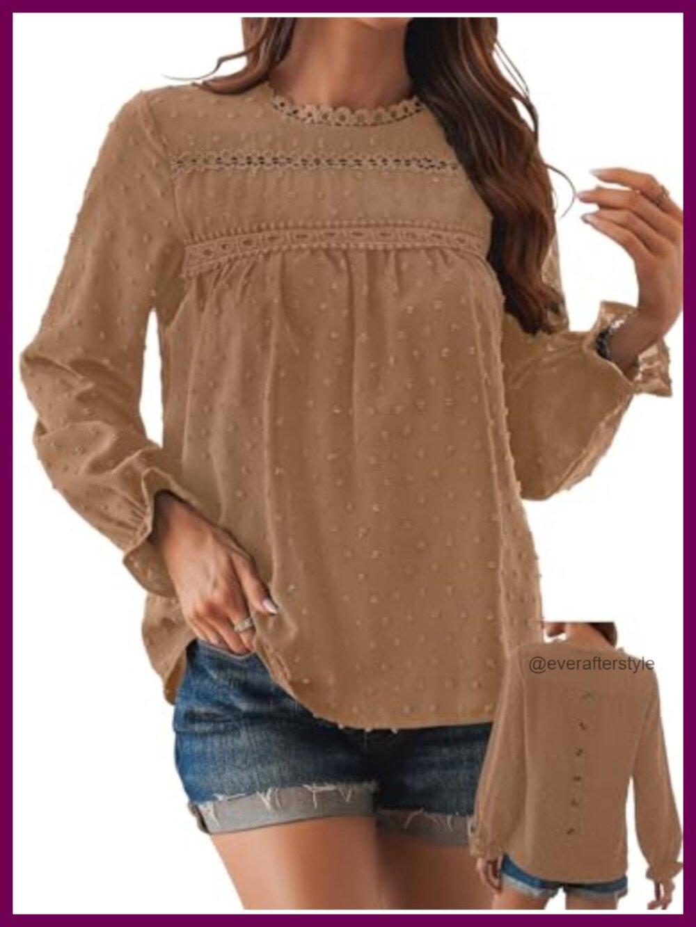 Falechay Boho Swiss Dot Ruffle Long Sleeve Crewneck Peasant Top Women